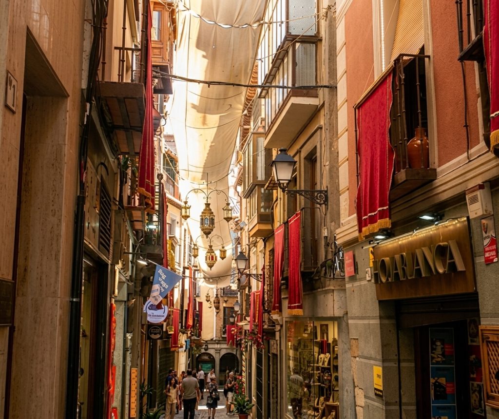 A narrow, winding medieval cobblestone street in Toledo, Spain, covered by white shade canopies. Red velvet banners hang from balconies. Ornate metal lanterns hang from above. People walk on the street. A shop sign reads 'HOJARANCA'.