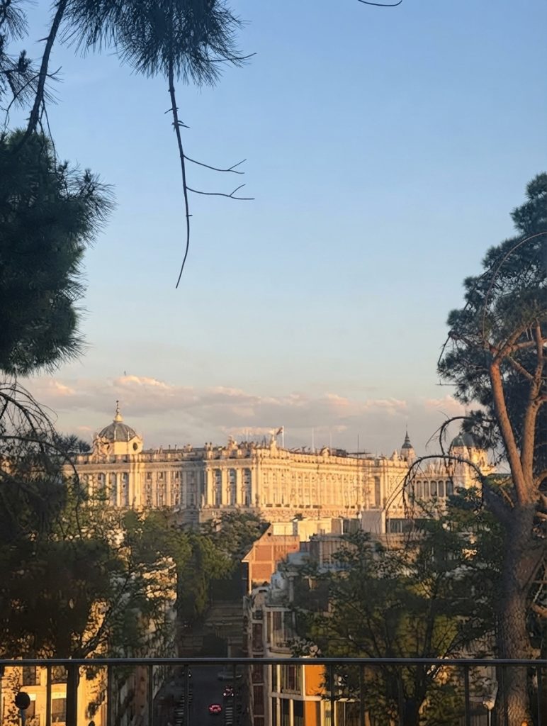 Vistas panorámicas del Palacio Real de Madrid al atardecer, encuadrado por la vegetación del Templo de Debod.
