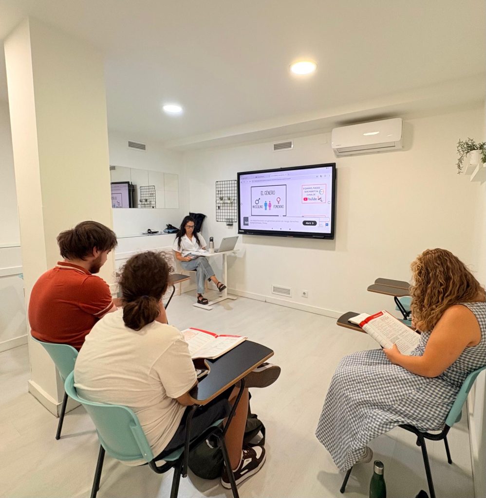 Students learning Spanish in a Modern Classroom with Digital Board at Jaleo Madrid